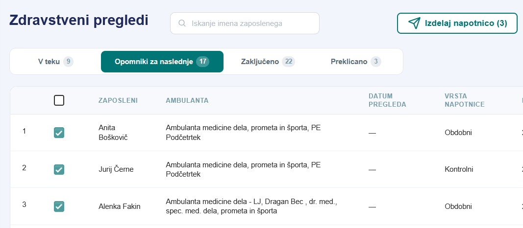 SoaPrevent — list of health examinations with employees, clinics, statuses and next deadlines