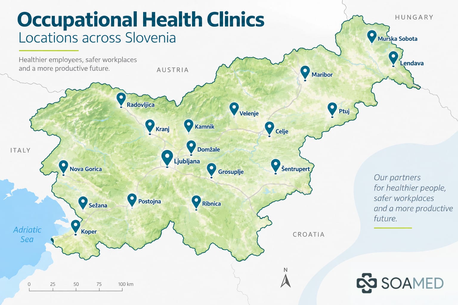 Map of Slovenia showing towns with occupational health clinics connected via SoaDoctor