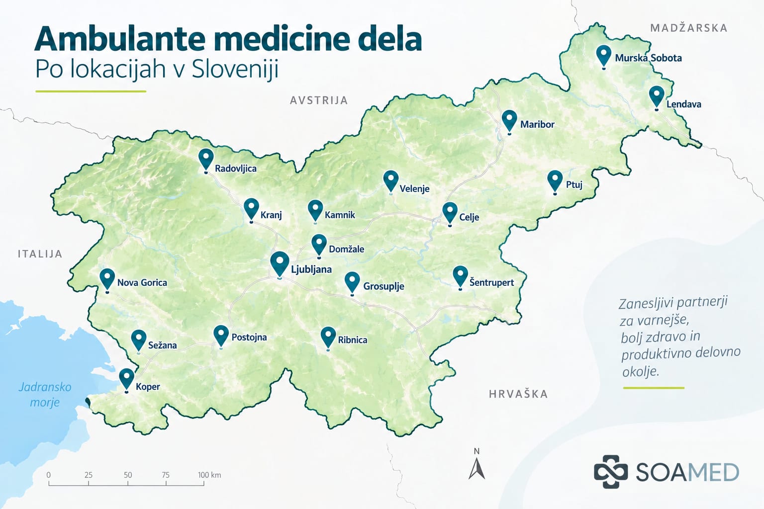 Zemljevid Slovenije s kraji, v katerih so ambulante medicine dela, povezane prek SoaDoctor